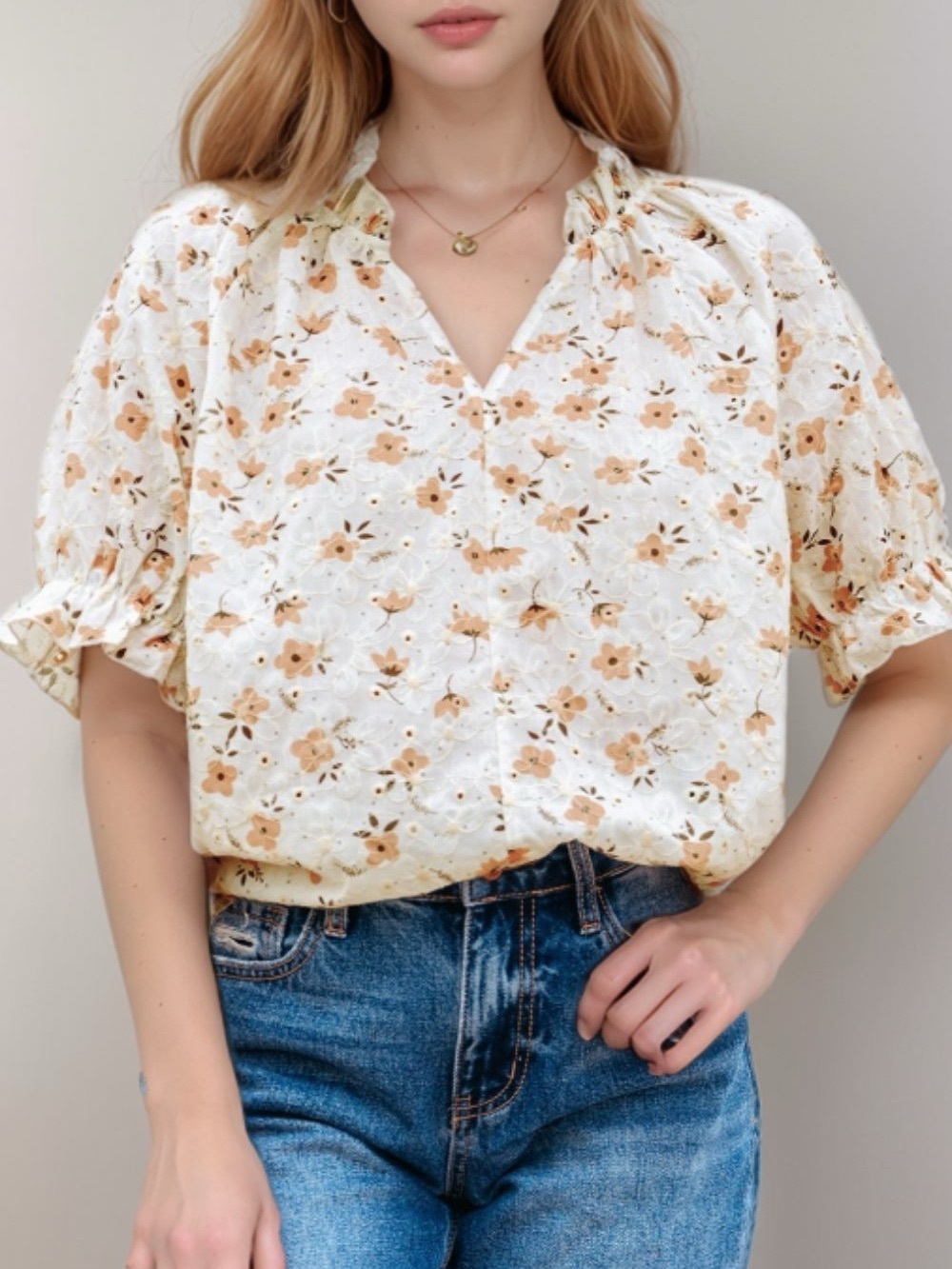 Cream Floral Eyelet Puff-Sleeve Blouse
